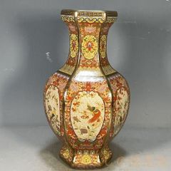 桃*ん様 【特大46cm】薩摩焼 金彩 花鳥武者絵 飾り壺 時代物 骨董 金襴