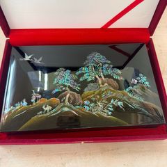 韓国現代美術展 大賞受賞作家 呉在仁作 螺鈿細工 山水図 朱肉 ケース