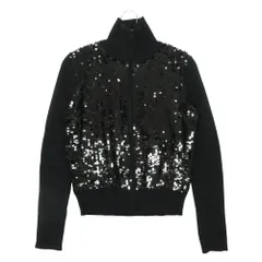 DKNY DONNA KARAN NEW YORK ダナキャランニューヨーク ノーカラージャケット スパンコール ドライバーズニットジャケット ジップアップ アウター ハイネック リブ袖 切替 ブラック S【S】 レディース 【中古】のサムネイル