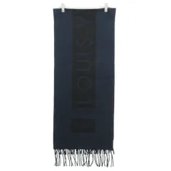 LOUIS VUITTON ルイ・ヴィトン マフラー カシミヤ100% 大判 ストール ボックスロゴ ライン フリンジ スコットランド製 ブラック メンズ レディース 【中古】のサムネイル