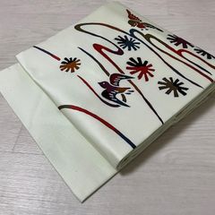 の*り様 美品 正絹 塩瀬 名古屋帯 オフホワイト めざし 干物 魚柄