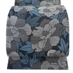 【美品】 袋帯 逸品 斉藤三才 落款 草花 銀糸 水色 六通 正絹 【中古】のサムネイル