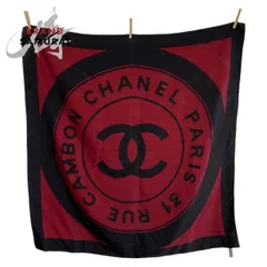 CHANEL シャネル ヴィンテージ 31 RUE CAMBON ココマーク ワインレッド ブラック シルク スカーフ レディース 601230【中古】のサムネイル