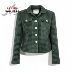 ヴィンテージ ダークグリーン ウール/コットン/シルク 1997年 collection ショートツイードジャケット ココマークボタン レディース【中古】のサムネイル