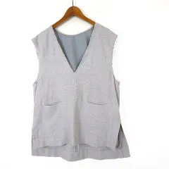 ヒロコビス HIROKO BIS 26SS 洗える コットン リネン Vネック ジレ ベスト カットオフ フリンジ オーバーサイズ M 9 ライトグレー のサムネイル