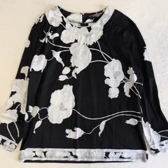 希少✨LEONARD レオナール 美しいフラワープリント カットソー 花柄 トリム クルーネック モノクロ バイカラー Lサイズ 綿 コットン 長袖のサムネイル