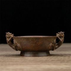 □金斑洒金□古銅胎洒金 饕餮夔龍文 三足沖天耳鼎式香炉 琴炉「宣」字