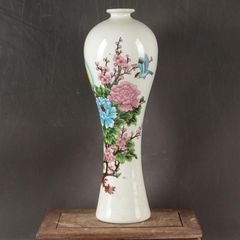 Pastel peony and bird motif plum vase, Jingdezhen porcelain, decorative item, contemporary craft, fine art, ornament.
