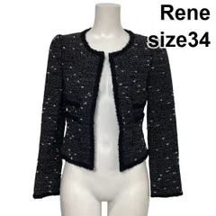 ◆ ルネ Rene ノーカラージャケット ツイードジャケット 長袖 オープンフロント ショート丈 黒 白 毛混 34 S 7号 レディース S6I034のサムネイル