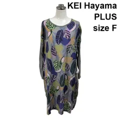 ◆ ケイハヤマプリュス チュニックワンピース 長袖 ラウンドネック リーフ柄 Iライン 異素材 マルチカラー 綿 F M 9号 レディース S6I055のサムネイル