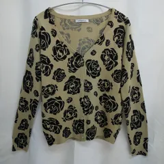 M1-04240 【Women】LIP SERVICE (リップサービス) 長袖 ニットカーディガン (S相当) / ベージュ×黒 バラ柄 背面にほつれあり HT-春秋のサムネイル