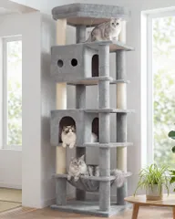Globlazer キャットタワー 大型猫用 多頭飼い 高さ173cm 付き 猫ハウス2つ ハンモック コーナー 省スペース ライトグレー F67のサムネイル