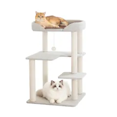 なになにLife ＼クッション入りベッド／ キャットタワー 据え置き 高さ93cm おしゃれ 宇宙船 多頭飼い コンパクト インテリア性 低め 低い 麻生地張り スリム コーナー 省スペース ライトグレー クリアボウル 成猫 子猫 キャットツリー 猫タワー 狭のサムネイル