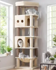 Globlazer キャットタワー 大型猫用 多頭飼い 高さ173cm 付き 猫ハウス2つ ハンモック コーナー 省スペース ベージュ F67のサムネイル