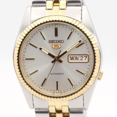 Overhauled SEIKO 5 7S26-0500 Automatic Watch, Silver Dial, Two-Tone Gold Bezel, See-Through Back, Day-Date, Men's Watch, Working Condition, Vintage, Made in Japan