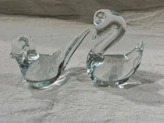 ガラス細工 白鳥と小鳥 オブジェ 2点セット クリア ガラス 置物
