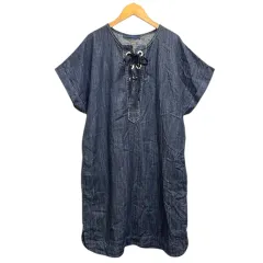 レコパン LES COPAINS Blue ワンピース デニム レースアップ フレンチスリーブ 膝丈 40 インディゴブルーのサムネイル