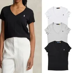 【新品未使用】Polo By Ralph Lauren ラルフローレン レディース コットン Vネック 半袖 Tシャツ ワンポイント ポニーししゅう 在庫一掃価格のサムネイル