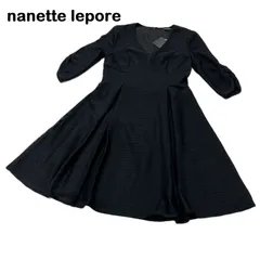 【nanetto lepore/ナネットレポー】フレアワンピース Vネック ブイネック ストレッチ 裏地付き ブラック 黒 七分袖 日本製（中古・未使用品）のサムネイル