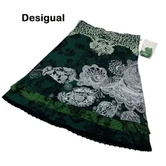 【Desigual/デシグアル】プリントスカート レース 花柄 総柄 デザインスカート ストレッチ フレア グリーン系 緑 （中古・美品）のサムネイル