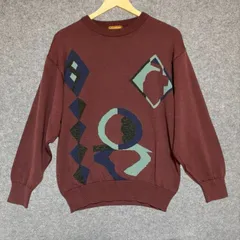 LANCEL ランセル 90s  総柄 幾何学模様 毛100% ウール ニット セーター ボルドー バーガンディ M 福助 日本製 レトロ 古着のサムネイル