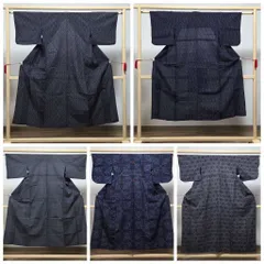 【SALE】B◆着物くつろぎ 夏物 夏塩沢紬 絣模様 格子 変わり市松 華文 蜀江文 紺色 グレー正絹 薄物 絽 紗 着物 リメイク 素材 生地 5枚 まとめ売りのサムネイル