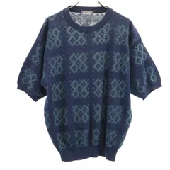 YVES SAINT LAURENT イヴサンローラン 90s リネンブレンド オールド 総柄 半袖 ニット M ネイビー メンズ 古着のサムネイル