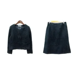 ナチュラルビューティーベーシック NATURAL BEAUTY BASIC セットアップ 上下 ノーカラージャケット 総裏地 チェック ツイード ラメ フレアスカート ミモレ ロング L 紺 ネイビー /MNのサムネイル