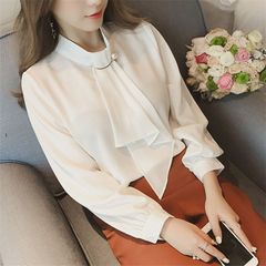 シャツ ブラウス レディース 長袖 ボウタイ ブラウス レディース 胸元 パール トップス とろみ シンプル べーシック 上品 通勤 透け感 シン