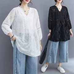 チュニック 大人可愛い 春 夏 チュニック ブラウス 刺? 森ガール レディース レースtシャツ 七分袖 ブラウス vネック 大人可愛い 透け感 