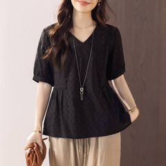 ブラウス レディース サマー半袖 ブラック エレガント Vネック 黒 大人 着痩せ ゆったり シンプル 夏服コーデ 体型カバー