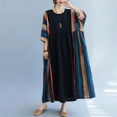 ロングワンピース レディース ワンピース 七分袖 ロング丈 マタニティ ワンピース きれいめ ストライプ コットン 大きいサイズ 体型カバーのサムネイル