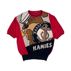 90s リネン混 HARDY AMIES SPORT ハーディエイミス マリン ベア キャラクター 半袖 サマー ニット セーター サイズ L /レッド系 メンズ ビンテージのサムネイル