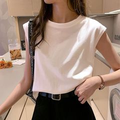 Tシャツ シンプル ノースリーブ フレンチスリーブ ルーズファッション 白T 黒T 無地