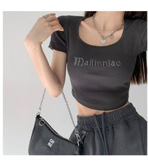 【4色】ショートTシャツ レディース 細身Tシャツ カットソー スクエアネック セクシー 細見え スリムフィット オルチャン 着やせ 大人 おし