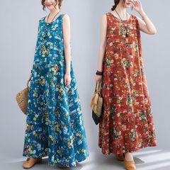 ロングワンピース ノースリーブ 夏 レディース 花柄 総柄 ノースリーブワンピース ティアード ワンピース Aライン 花柄ティアードワンピー
