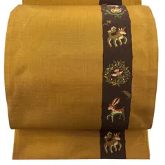 【美品】 袋帯 名品 木屋太 落款 動物 草花 黄土色 六通 正絹 【中古】のサムネイル