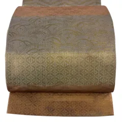 袋帯 逸品 洛風林 落款 関西仕立て 七宝 露芝 箔 サーモンピンク 六通 正絹 【中古】のサムネイル