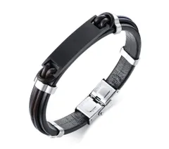 メンズ ブレスレット 黒 ブラック ステンレス プレート 本革 ブレスレット 仕上げ アレルギー ファッション アクセサリーのサムネイル