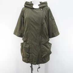 ムルーア MURUA 七分袖 パーカー ジャケット ミドル丈 M 緑系 カーキ 無地 ジップアップ ボタン 裏地のサムネイル