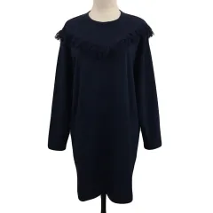 ダブルクローゼット w closet ワンピース Iライン ミニ ラウンドネック フリンジ 無地 長袖 F 紺 ネイビーのサムネイル