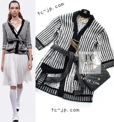 シャネル カーディガン CHANEL ブラック オフ ホワイト コットン 春夏 サマー ニット ロング カール・ラガーフェルド 新品同様 38 40のサムネイル