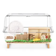BUCATSTATE ハムスター ケージ 65cm【木脚マット付き】 全面クリア 全透明 大型サイズ 透明 深めトレイ 片手スイッチ 2つ扉 広い 一体成型 快適 便利 耐久性 風通しがよい 積み重ね可能 ゴールデンハムスター モルモット ハリネズミ 爬虫類のサムネイル