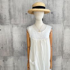 白 ワンピース チュニック 刺繍 レース ノースリーブ 透け感あり ポケット付き ナチュラルガーリー　cottagecore girl　森ガール　古着　M相当