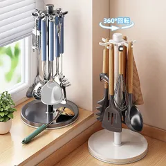 キッチンツールスタンド 回転式 調理器具収納ラック お玉立て ヘラスタンド フック付き ツールホルダー おたま掛け キッチン収納 回転ラック 台所収納 360度回転 水切りトレー付き 持ち手付き 大容量 省スペース 安定ベースのサムネイル