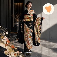 豪華 黒地 金彩 鶴 松 梅 御所車 振袖 正絹 成人式 結婚式 裄67.5cm