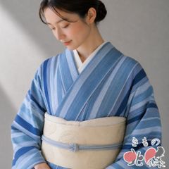 美品 正絹単衣 縄手絣 横段暈し紬 証紙有 名古屋帯サービス 裄68