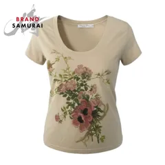 Christian Dior クリスチャンディオール ガリアーノ期 Uネック 花刺繍 ベージュ ベビーピンク コットン 半袖Ｔシャツ レディース A3-00243【中古】のサムネイル