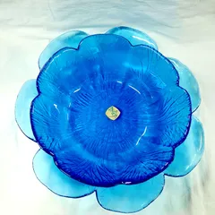 未使用★昭和レトロ カメイガラス 花型 手づくりガラス皿 ブルー【店舗管理番号2m】のサムネイル