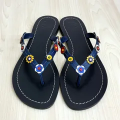 【トリーバーチ TORY BURCH】美品！フラワーモチーフ フラットトングサンダル デカロゴ 6.5 ネイビー×マルチカラー ⭐︎のサムネイル